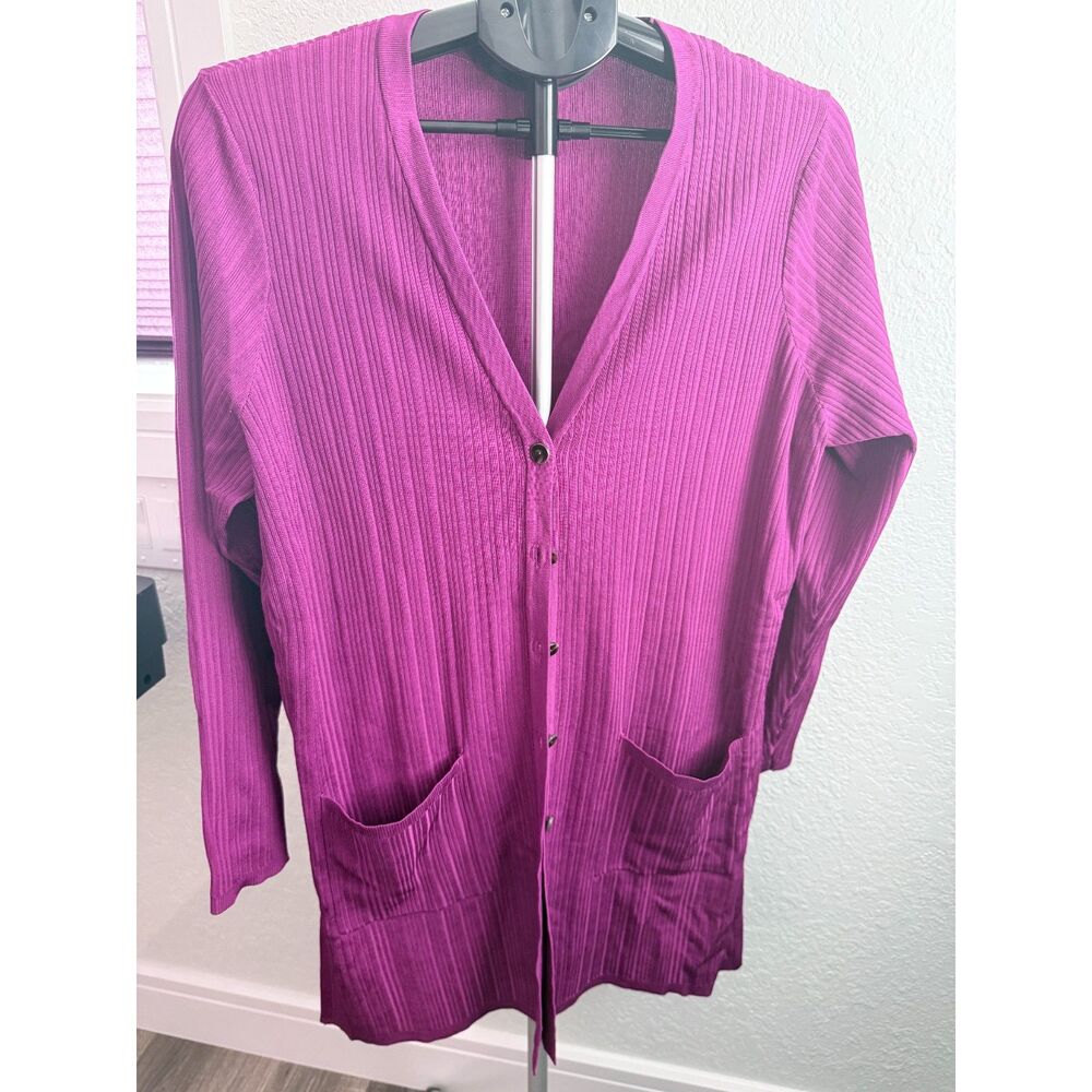 Chico's Long Line Duster Length Magenta Rayon Blend Button Front Cardigan SZ 2/L